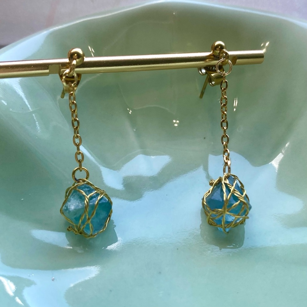 Blue Fluorite Octahedron studs earring E19